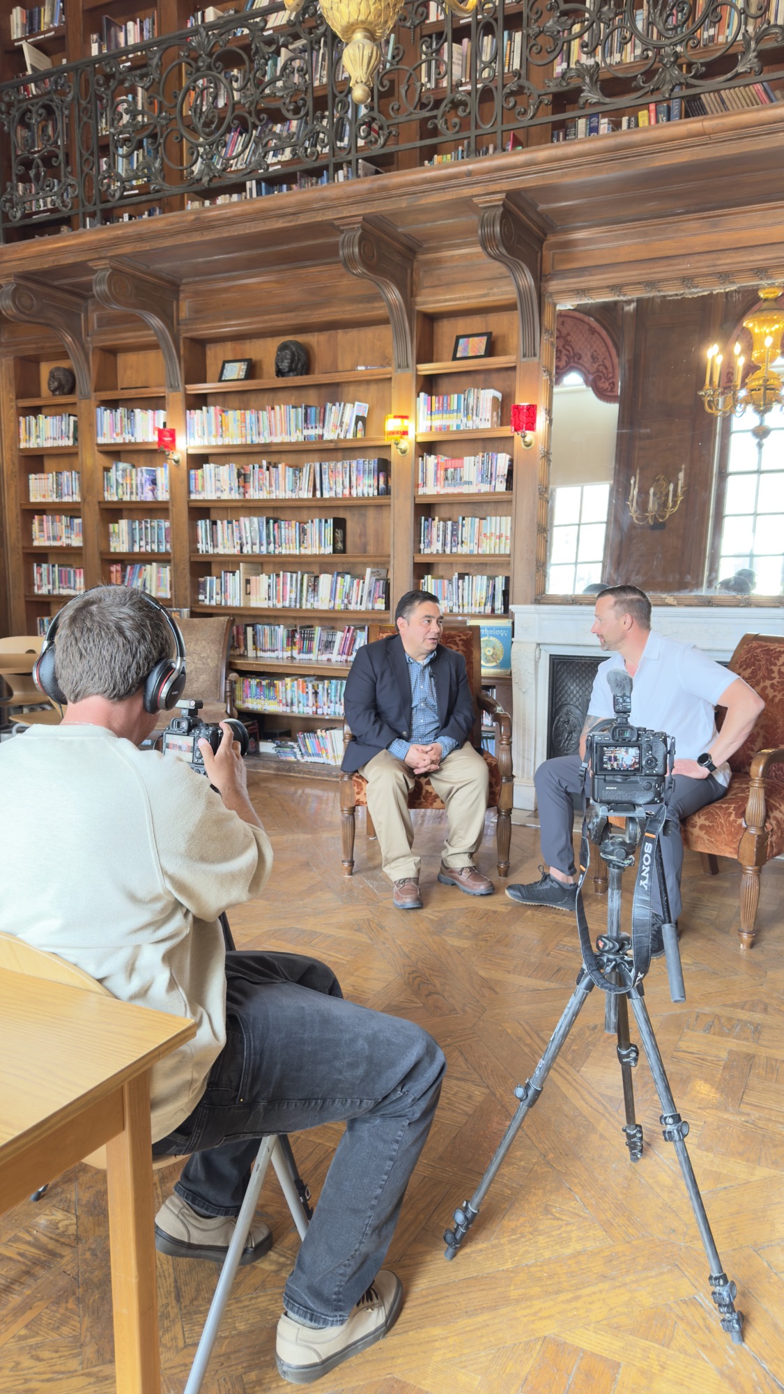 Brandon Lecocq on set, mid-interview